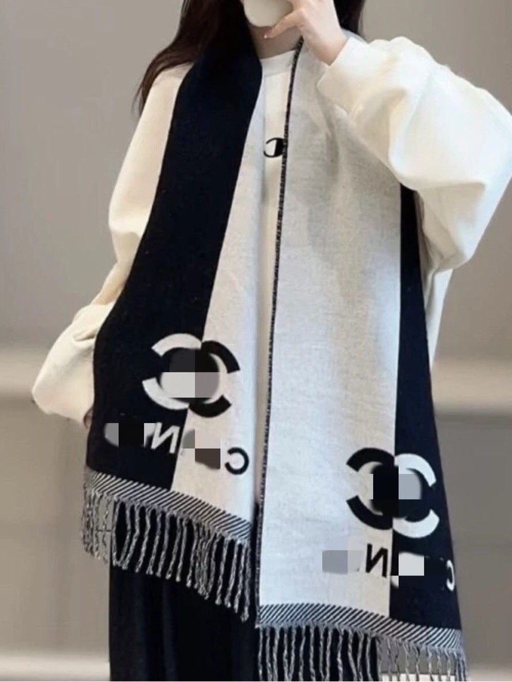 Black and White Logo Fringe Scarf